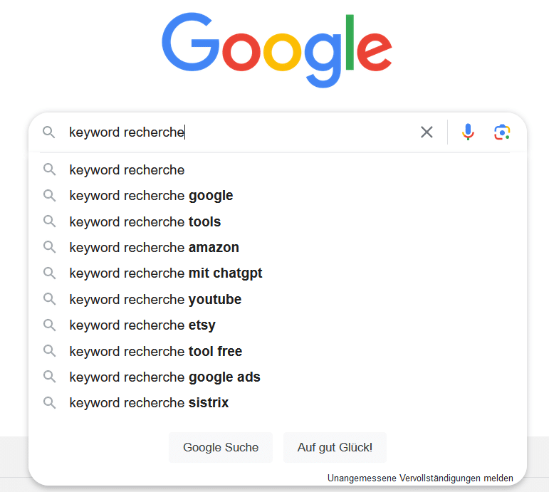 Screenshot der Google-Suchleiste, die Auto-Vervollständigungsvorschläge für den Suchbegriff 'keyword recherche' anzeigt.