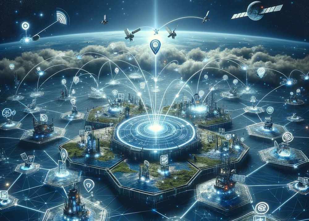 Futuristische Visualisierung des Backlink-Aufbaus mit vernetzten digitalen Inseln, die durch leuchtende Linien verbunden sind, um die Strategien und Analysen im digitalen Marketingraum für 2024 zu symbolisieren.