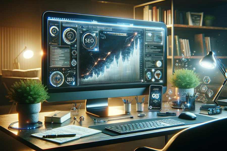 Ein moderner Arbeitsplatz bei Nacht mit einem Computerbildschirm, der eine fortschrittliche SEO-Analyse für das Jahr 2024 anzeigt.