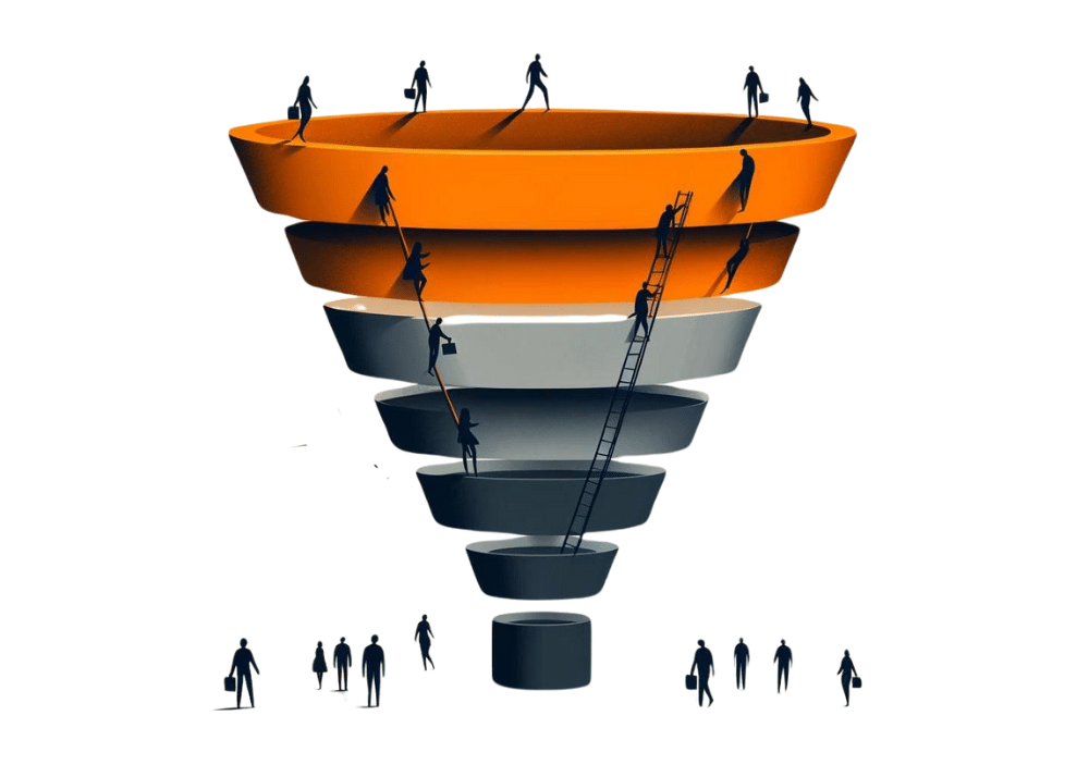 Illustration eines mehrstufigen Marketingtrichters in Orange und Grau mit Figuren, die zwischen den Ebenen interagieren.