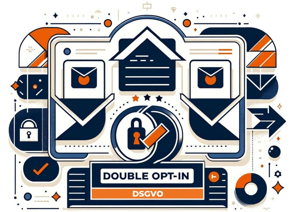 Illustration des Double-Opt-in-Verfahrens zur DSGVO-Konformität und effektivem E-Mail-Marketing mit Symbolen in Orange, Navy Blau und Weiß