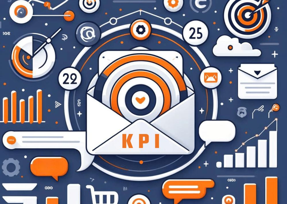 Illustration von E-Mail-Marketing-KPIs mit Diagrammen und Symbolen in Orange, Navy Blau und Weiß
